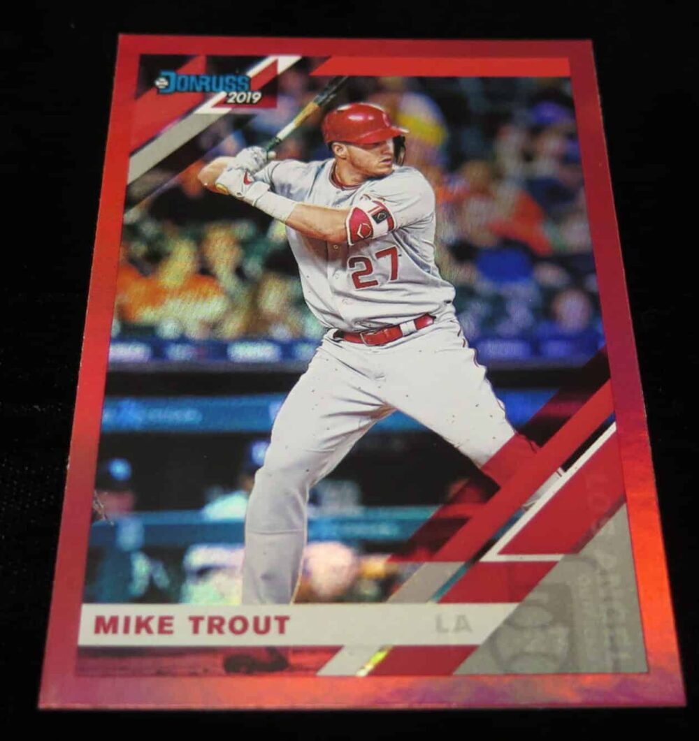  2019 Donruss Baseball Mike Trout Holo Red Parallel Card.